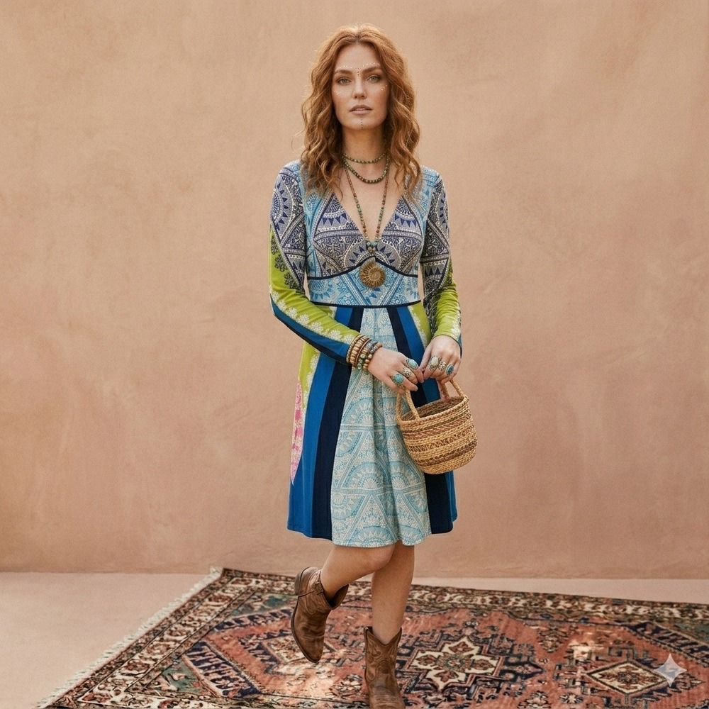 Boston Proper Patchwork Mini Dress 10 Boho Chic‎ Mod Resort Stretch Maximalist
